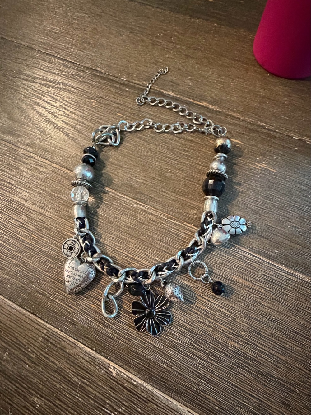 Chunky silver and black Charmed I'm sure  heart verse  Luke 10:27 necklace 21” - Picture 9 of 16